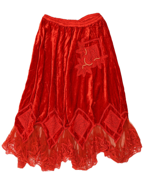 Saia assimétrica de veludo feminino vintage W30 viscose floral vermelha média