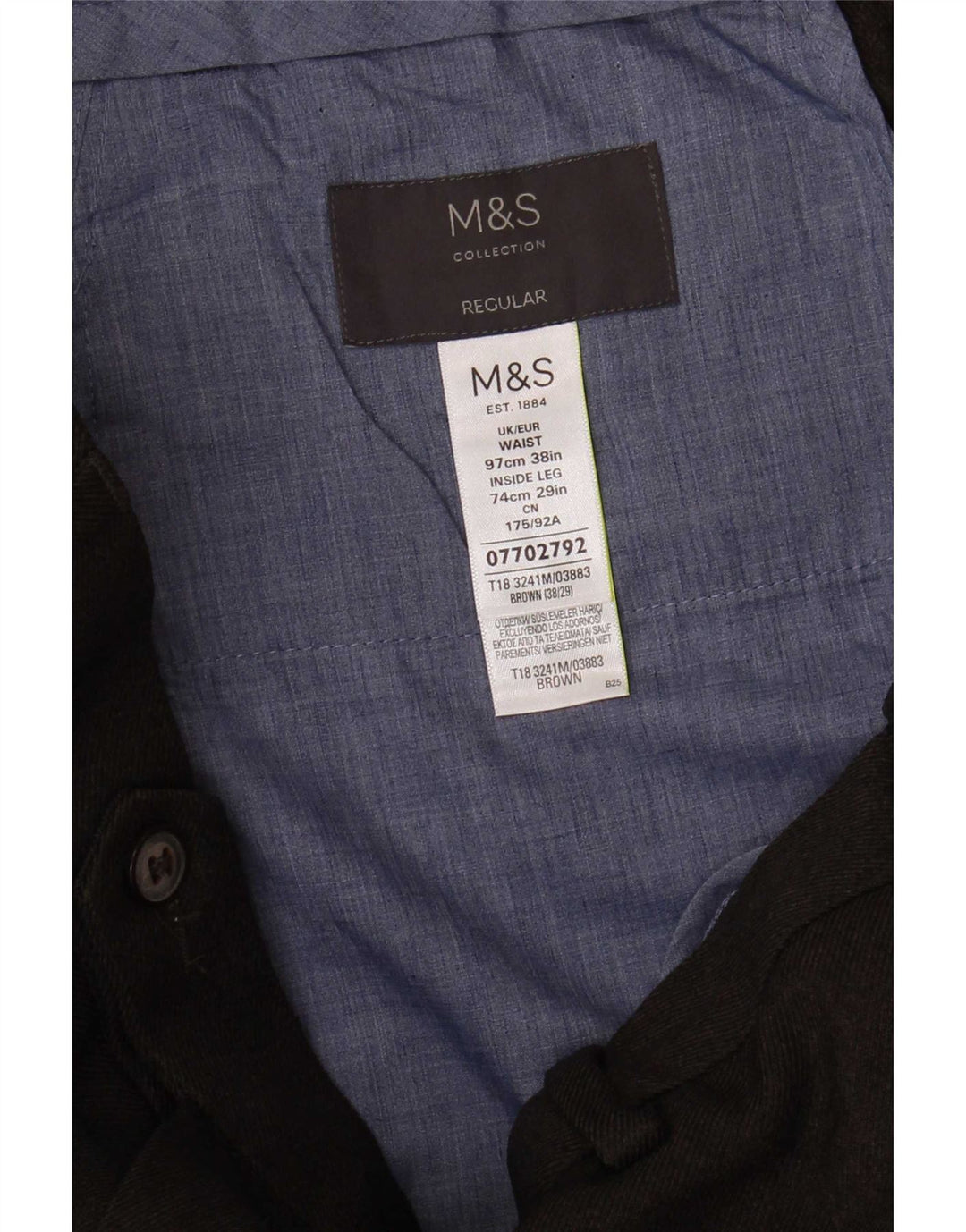 Calça masculina de terno regular Marks & Spencer W38 L29 poliéster marrom