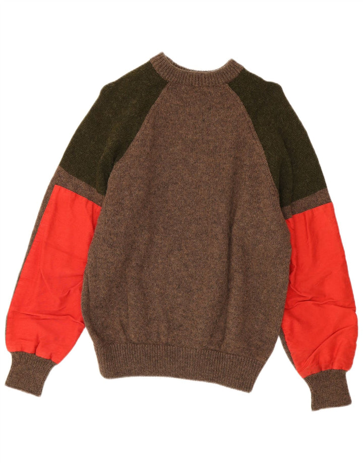 Suéter vintage masculino com gola redonda em bloco colorido marrom médio