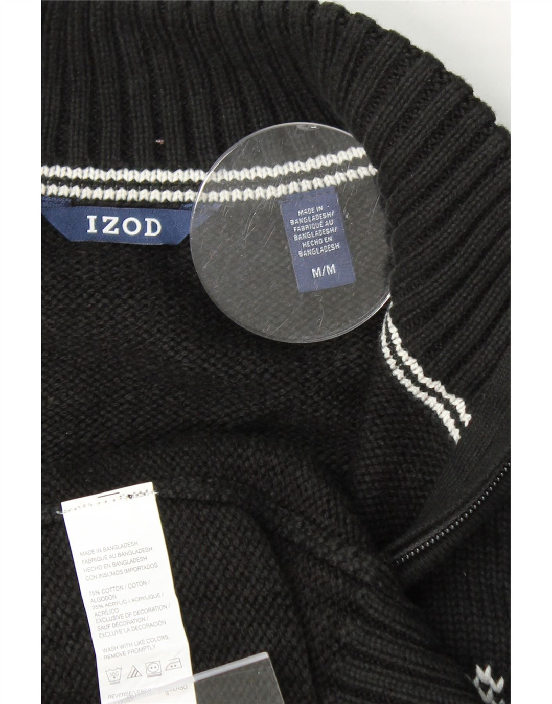 IZOD Mens Zip Neck Jumper Sweater Medium Black Fair Isle Cotton Vintage Izod and Second-Hand Izod from Messina Hembry 