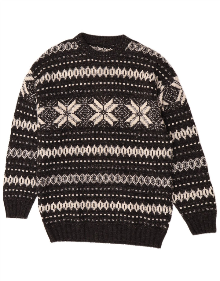 Suéter masculino vintage com gola redonda grande preto Fair Isle