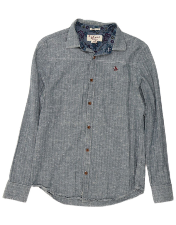 Camisa masculina Penguin Heritage Slim Fit azul médio de algodão espinha de peixe