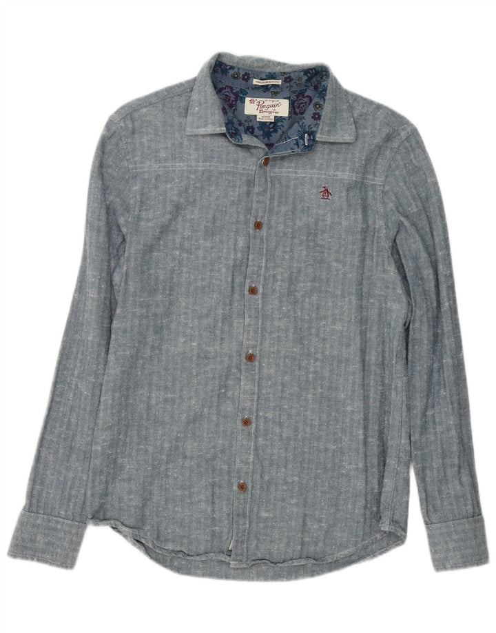 Camisa masculina Penguin Heritage Slim Fit azul médio de algodão espinha de peixe