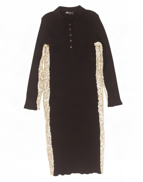 Vestido polo feminino de manga comprida Zara Reino Unido 14 grande bloco colorido preto