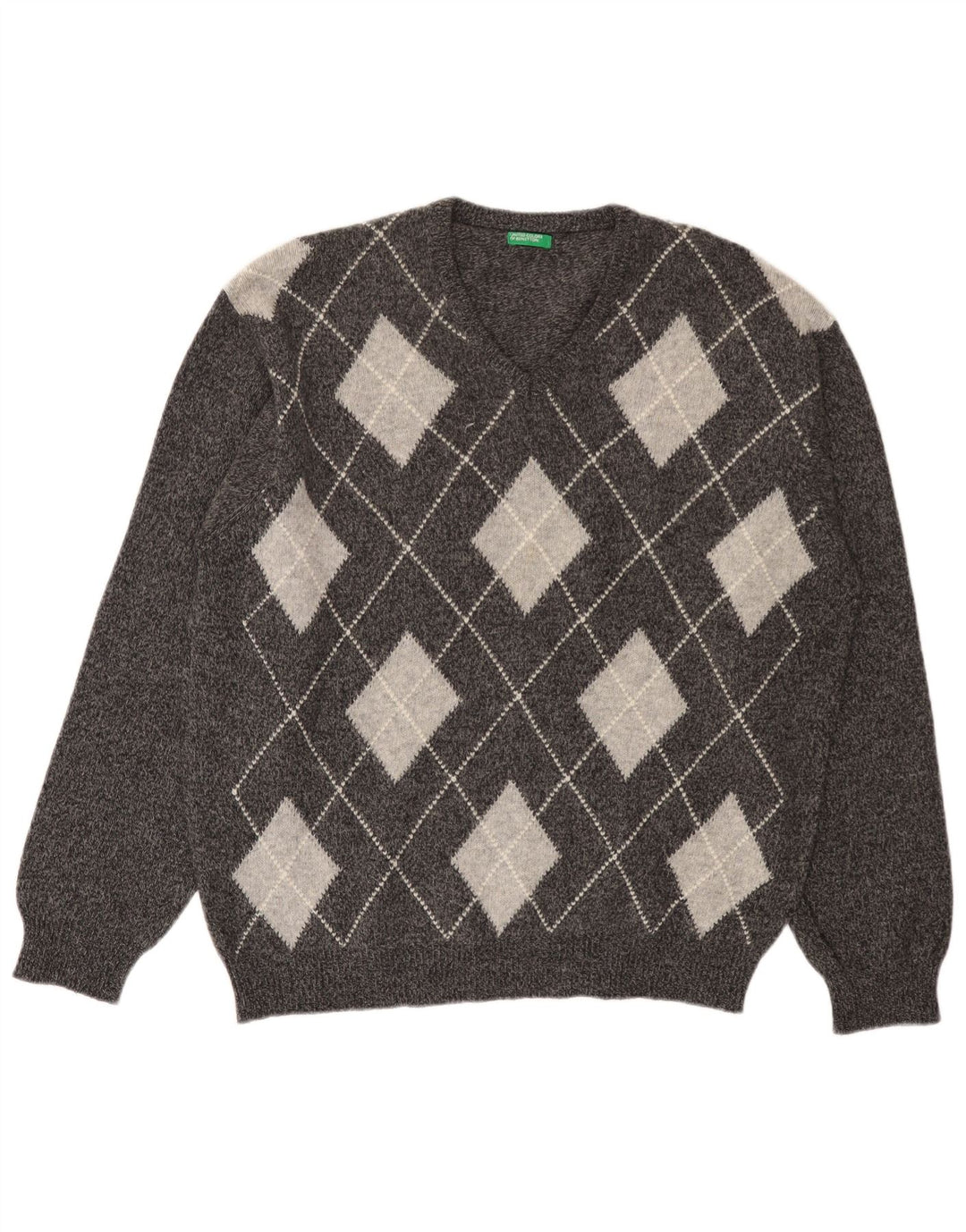 Suéter masculino BENETTON com decote em V grande cinza Argyle/lã diamante