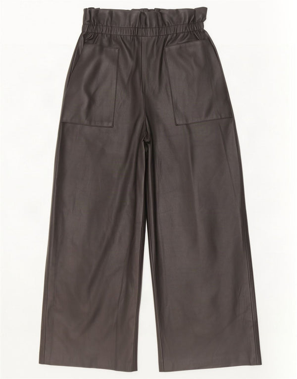 Zara Calça feminina de couro sintético com perna larga XS W24 L25 preta