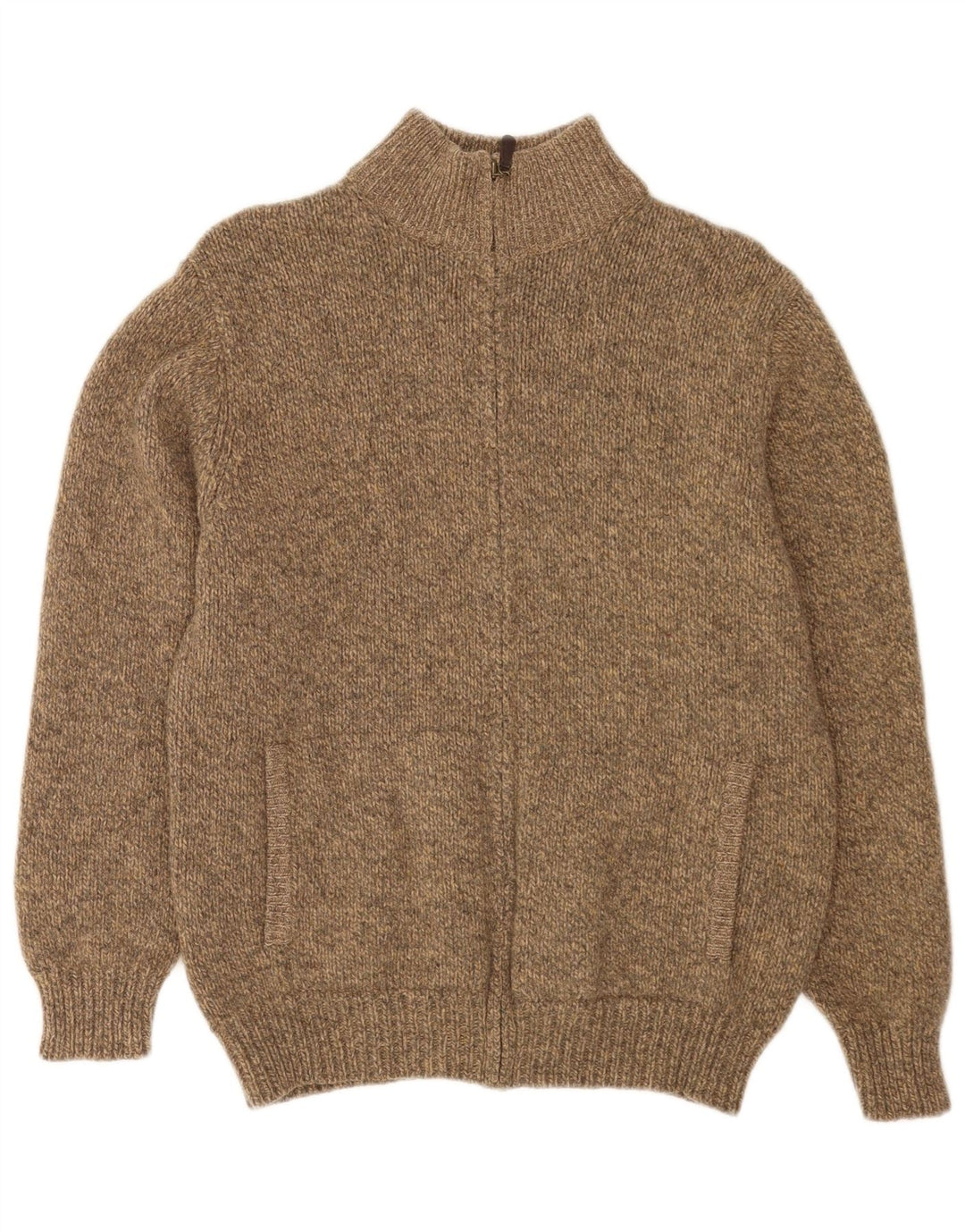 Suéter cardigã masculino com zíper completo L.L.Bean lã de cordeiro manchada bege médio