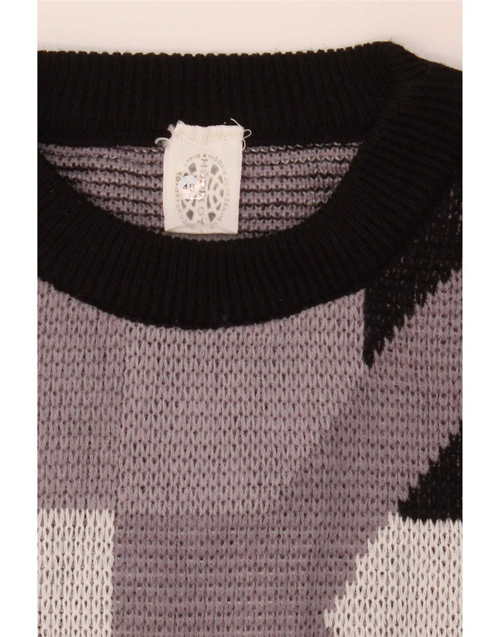 Suéter vintage masculino com gola redonda IT 48 acrílico geométrico cinza médio