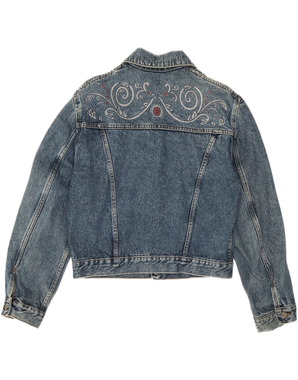 Jaqueta jeans feminina vintage UK 14 grande azul paisley