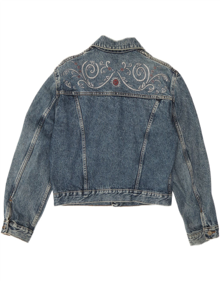Jaqueta jeans feminina vintage UK 14 grande azul paisley