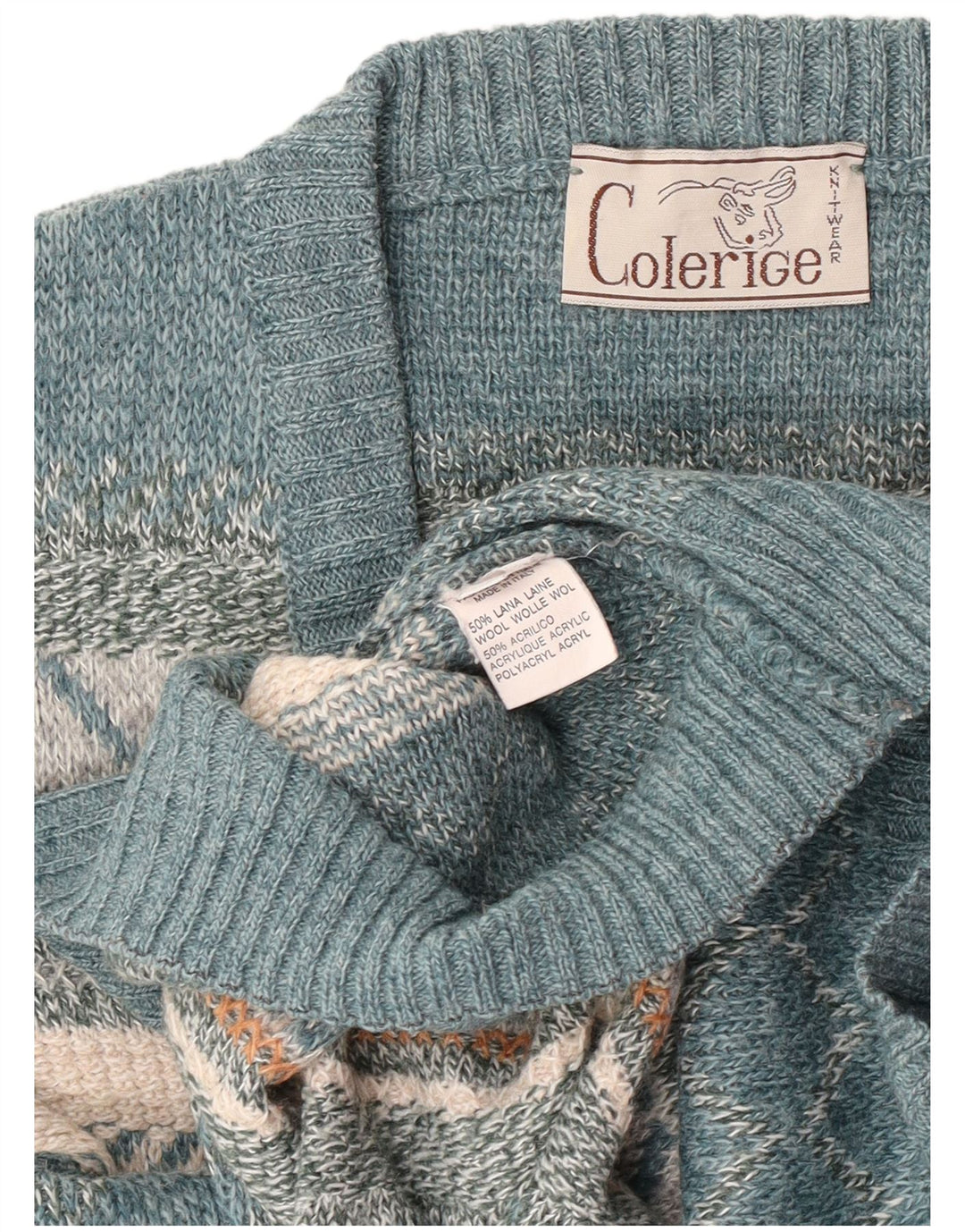 Suéter masculino vintage com decote em V grande lã azul Fair Isle