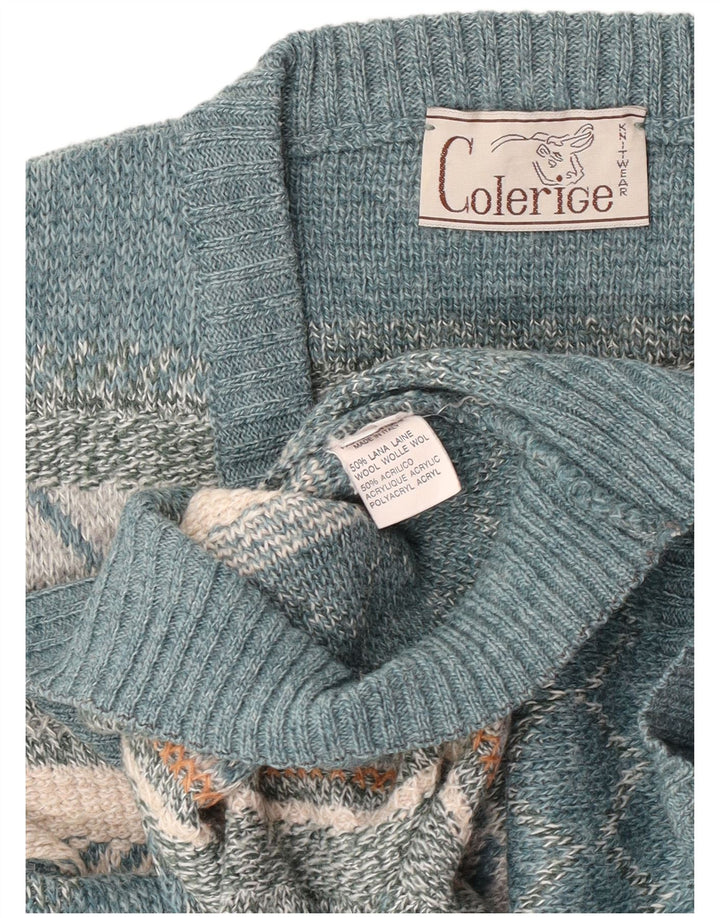 Suéter masculino vintage com decote em V grande lã azul Fair Isle