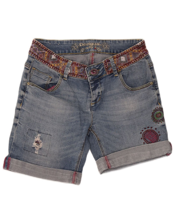 Desigual Shorts jeans feminino desgastado W32 grande azul geométrico
