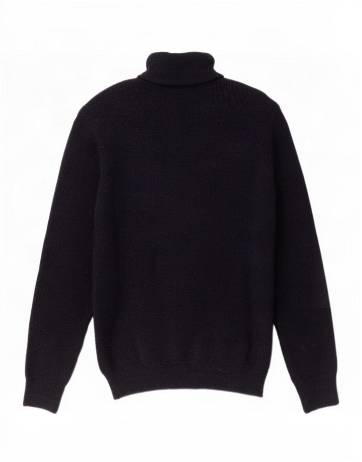 Suéter vintage masculino com zíper e gola alta de lã azul marinho médio