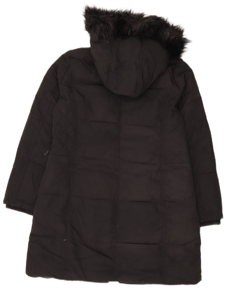 Casaco acolchoado com capuz feminino Laura Ashley Reino Unido 12 poliéster preto médio