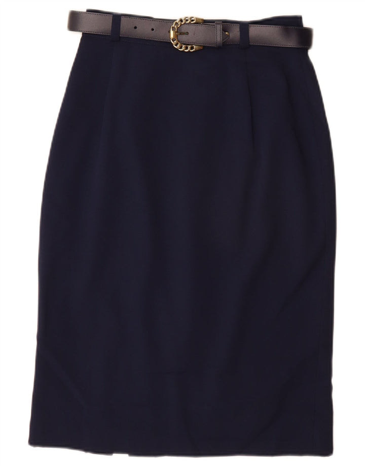 Saia lápis feminina VINTAGE UK 10 pequena W26 azul marinho poliéster