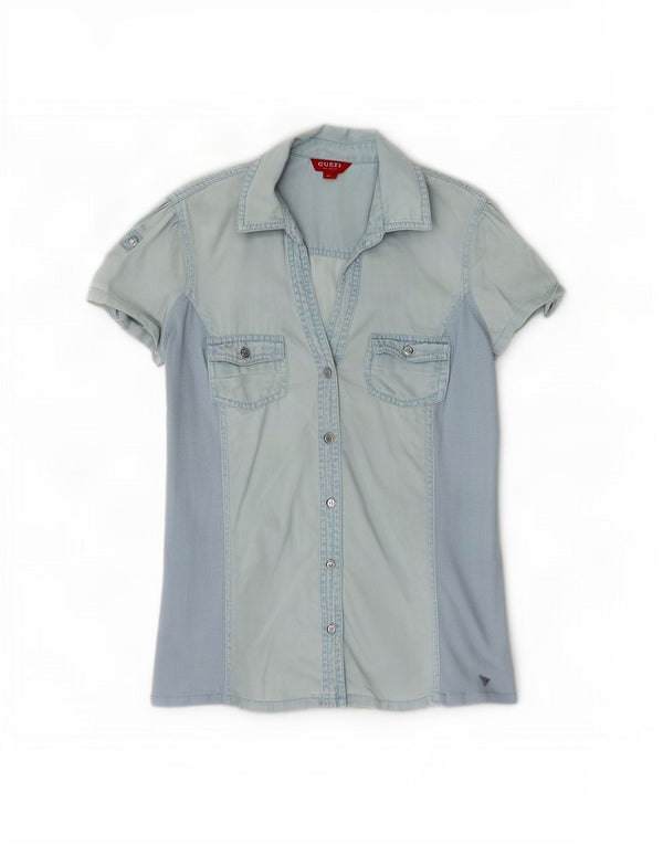 Camisa jeans feminina de manga curta Guess UK 12 azul médio Tencel