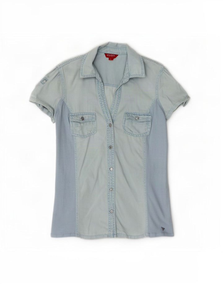 Camisa jeans feminina de manga curta Guess UK 12 azul médio Tencel