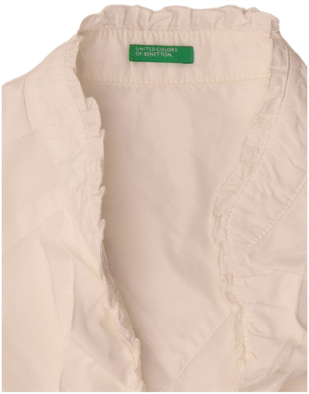 Blusa feminina Benetton com babados na frente sem mangas Reino Unido 14 médio branco