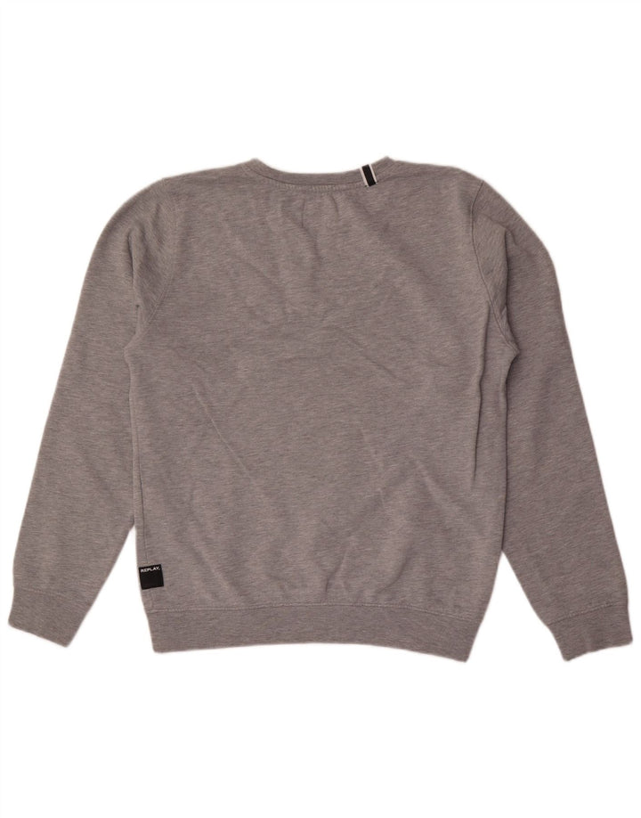 Replay moletom masculino gráfico jumper médio cinza algodão manchado