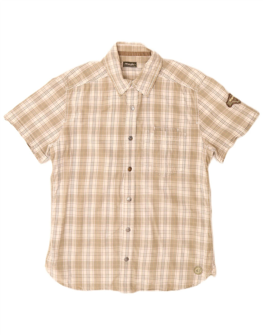 Wrangler Camisa masculina de manga curta grande algodão xadrez bege