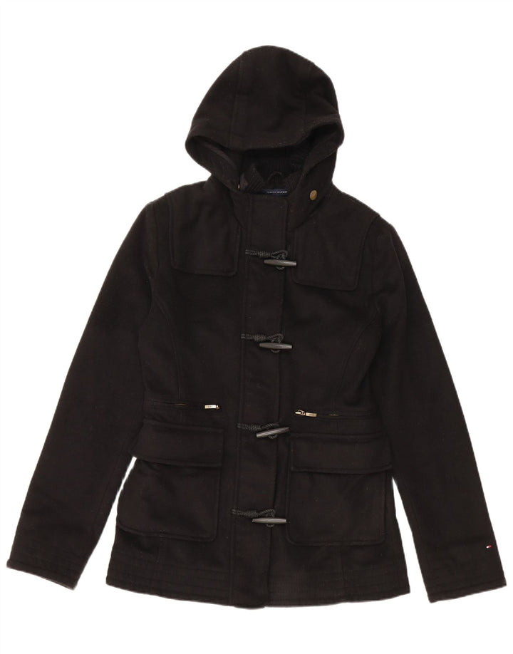 Casaco Duffle Feminino Tommy Hilfiger com Capuz UK 10 Lã Virgem Preta Pequena