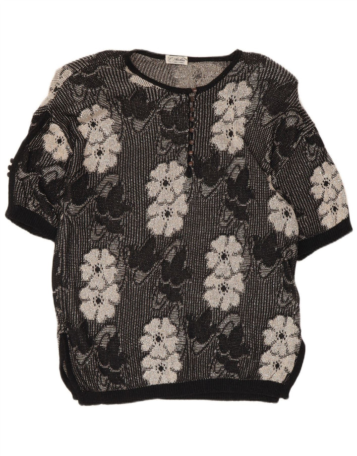 Suéter feminino vintage com gola redonda e botão UK 14 médio preto floral
