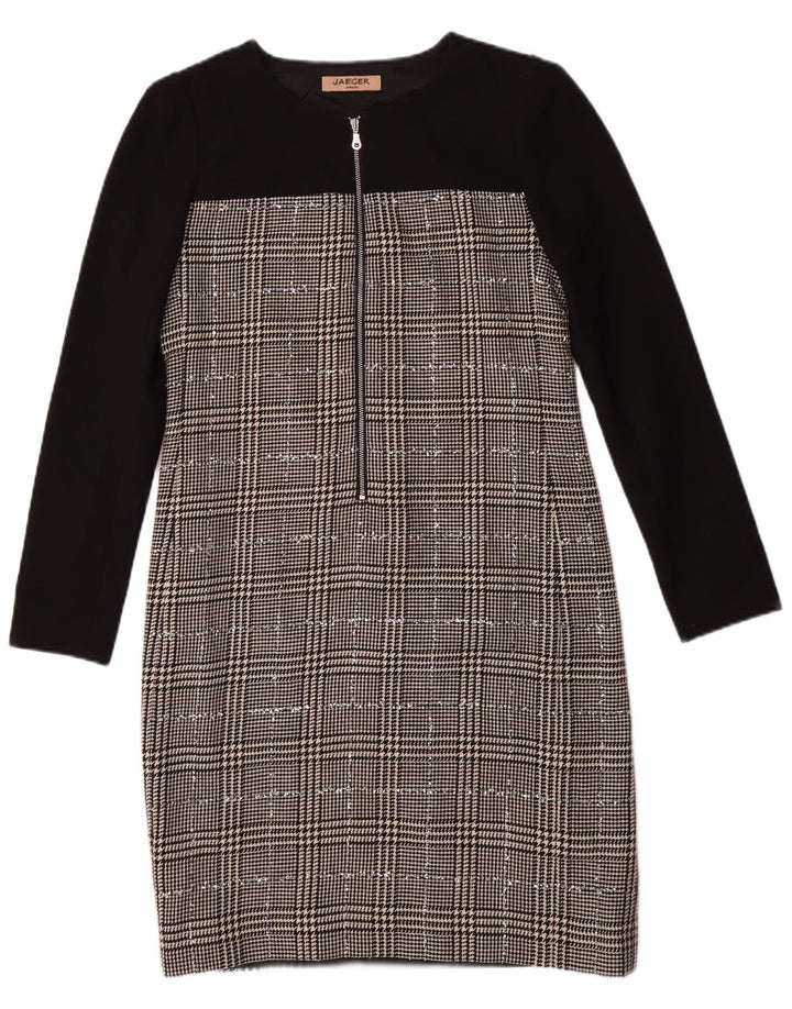 Vestido feminino JAEGER com bainha de manga comprida Reino Unido 8 pequeno preto de lã houndstooth