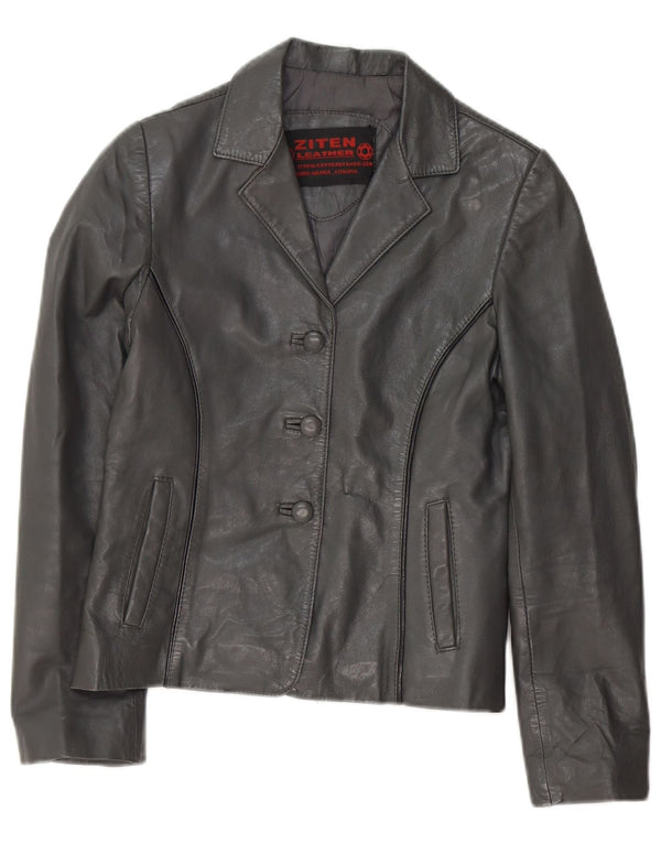 Vintage Womens Crop 3 Button Leather Blazer Jacket UK 8 Small Grey Leather