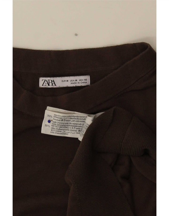 Suéter feminino Zara com gola redonda, Reino Unido 14, algodão marrom médio