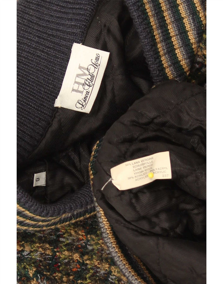 Jaqueta bomber de malha masculina vintage 3XL lã virgem manchada multicolorida