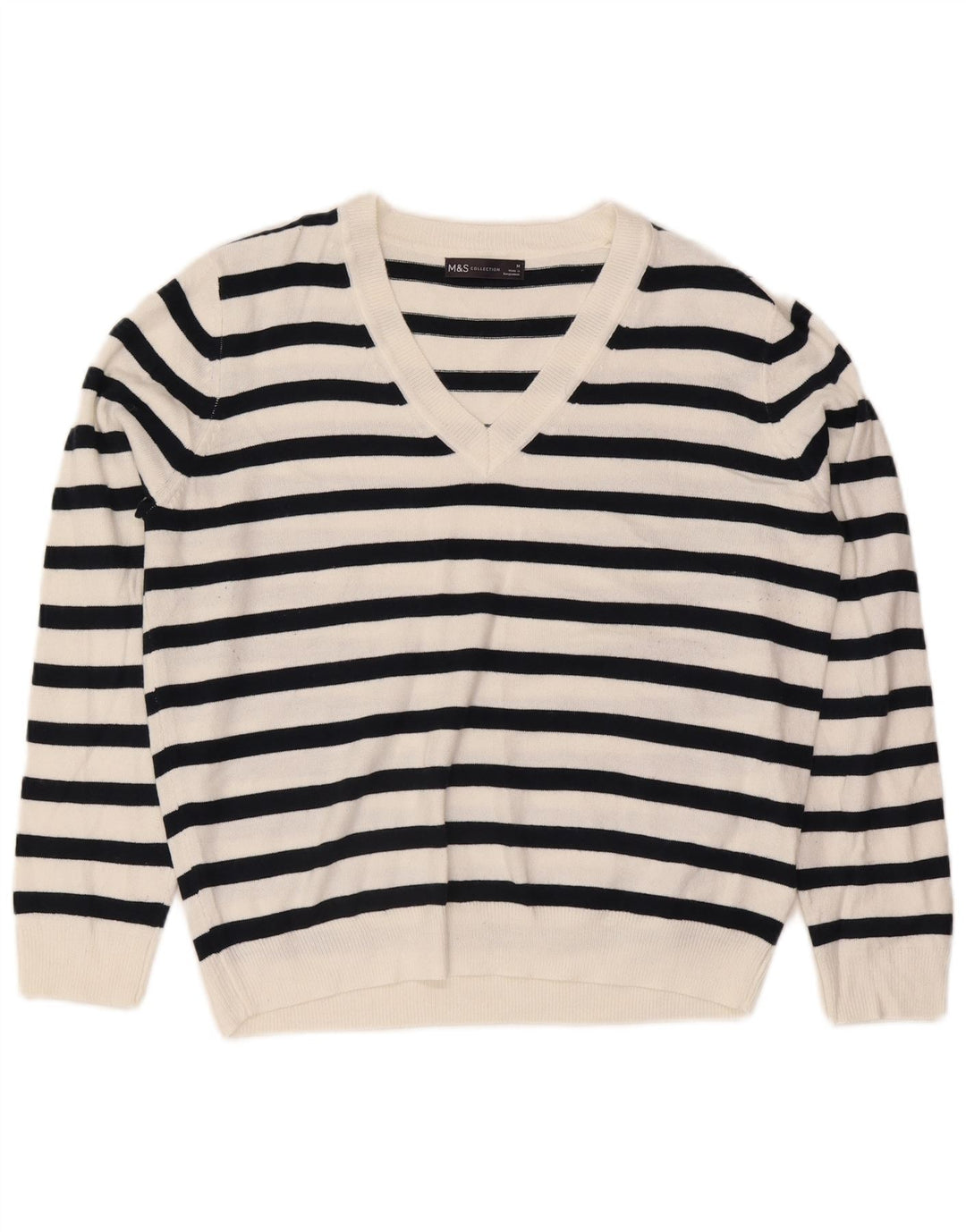 Suéter feminino Marks & Spencer com decote em V UK 14 listrado branco médio