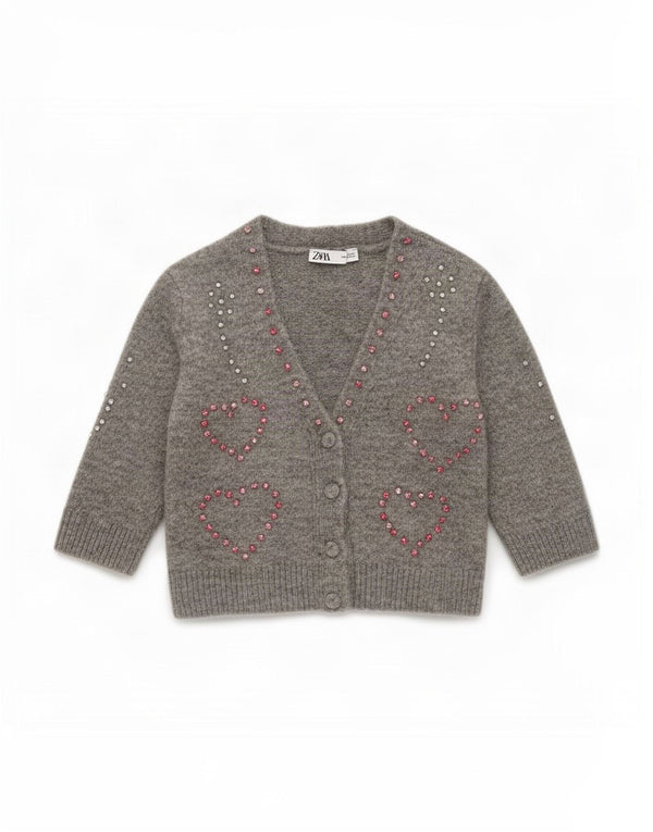 Zara Bolero Jumper feminino de manga curta UK 12 coração cinza médio manchado