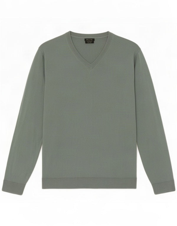 Massimo Dutti Mens V-Neck Jumper Sweater Large Green Cotton