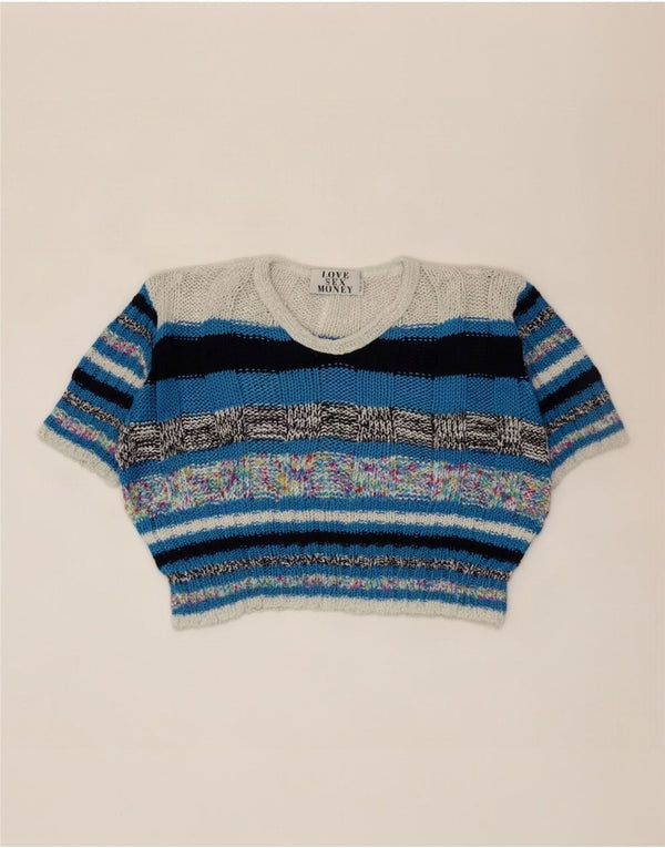 Suéter feminino vintage com decote em V UK 14 médio multicolorido