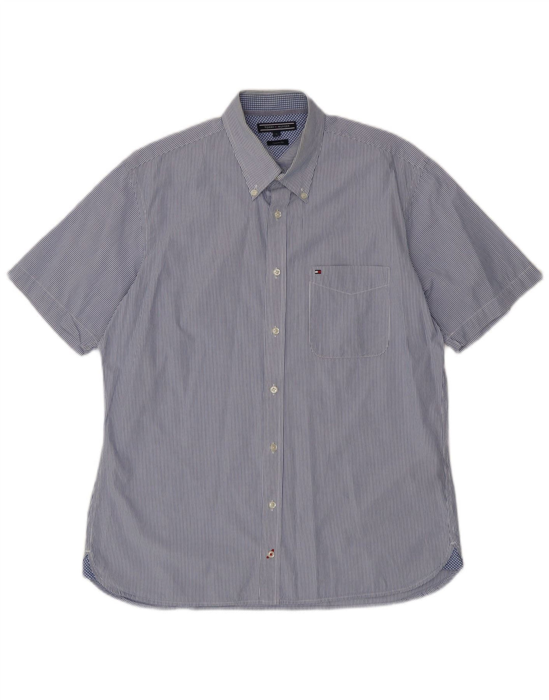 Tommy Hilfiger Camisa masculina de manga curta com ajuste personalizado grande listra azul