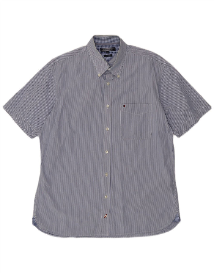 Tommy Hilfiger Camisa masculina de manga curta com ajuste personalizado grande listra azul