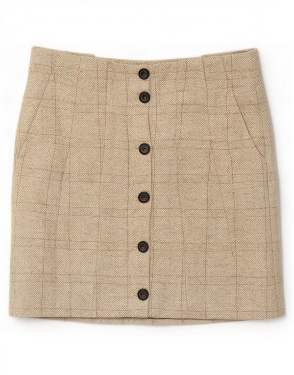 Saia midi feminina Zara médio W28 xadrez bege
