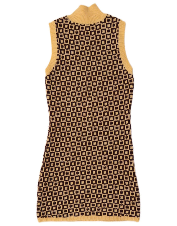 Vestido jumper feminino sem mangas Zara Reino Unido 12 acrílico geométrico amarelo médio