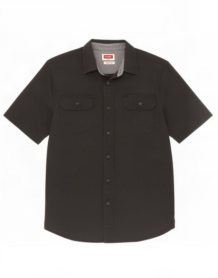 Wrangler Camisa masculina de manga curta pequena de algodão preto