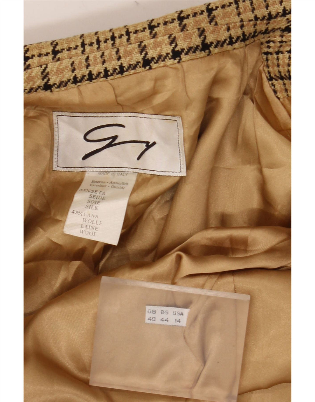 Jaqueta blazer feminina de 2 botões GENNY US 14 XL bege xadrez seda