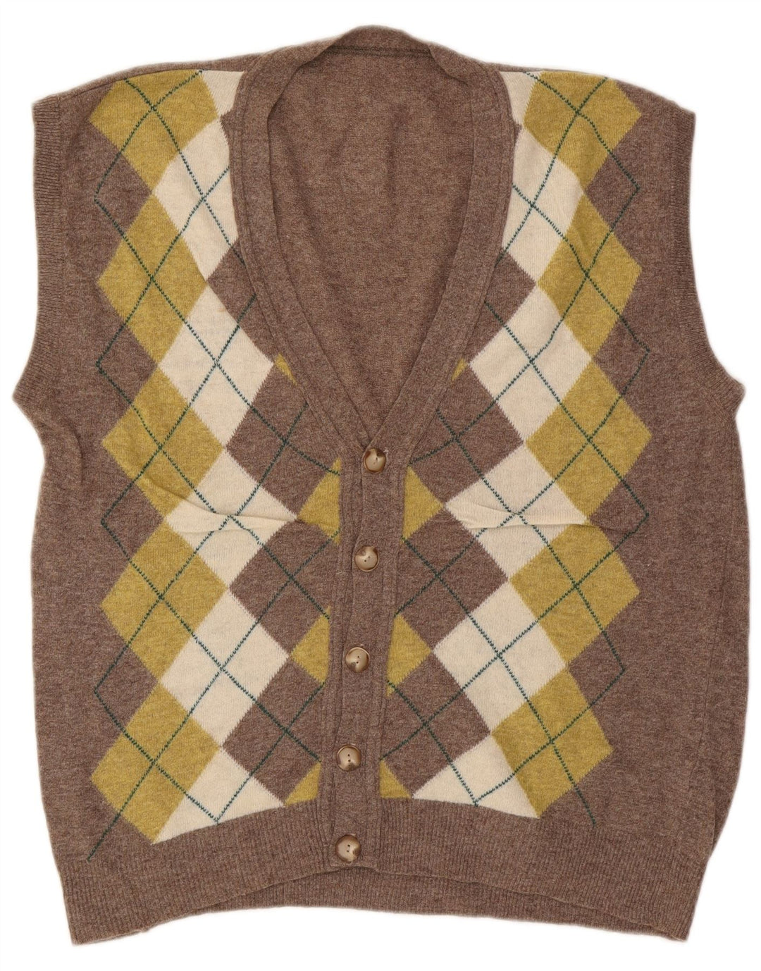 Suéter cardigã masculino vintage sem mangas grande marrom Argyle/lã diamante