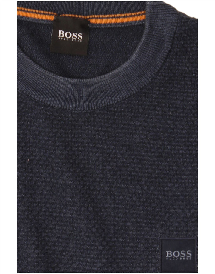 Suéter masculino Hugo Boss com gola redonda, lã virgem azul marinho médio