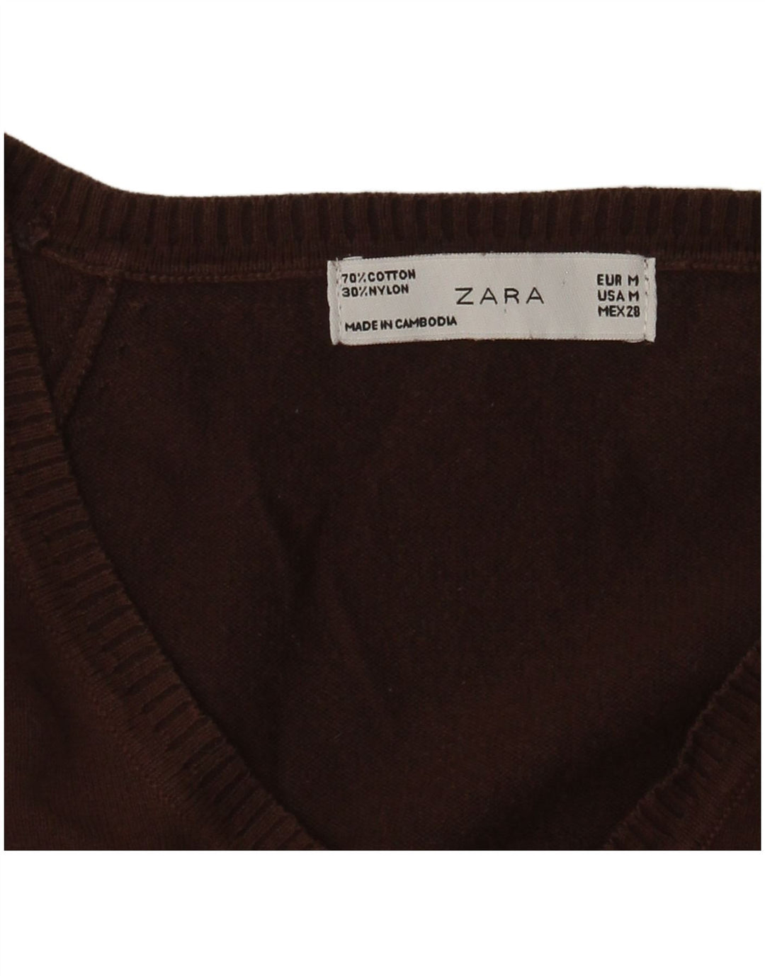 Suéter feminino Zara com decote em V Reino Unido 12 algodão marrom médio