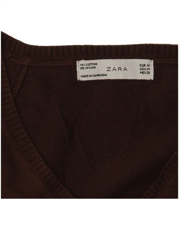 Suéter feminino Zara com decote em V Reino Unido 12 algodão marrom médio