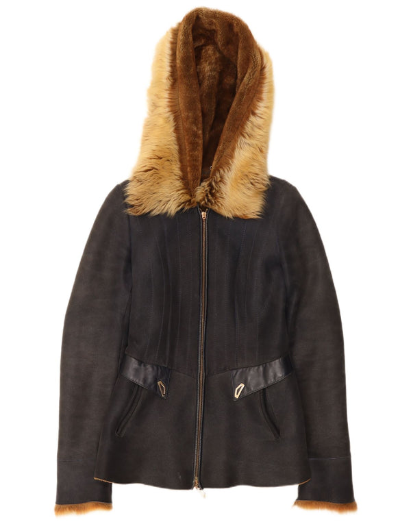 Jaqueta feminina vintage com capuz Shearling UE 38 couro azul marinho médio