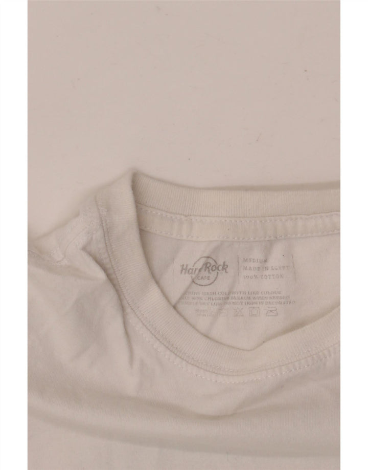 Camiseta masculina Hard Rock Cafe Cairo com estampa gráfica de algodão branco médio