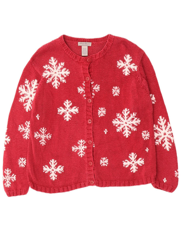 Suéter cardigã feminino Eddie Bauer Reino Unido 16 grande vermelho Fair Isle Ramie