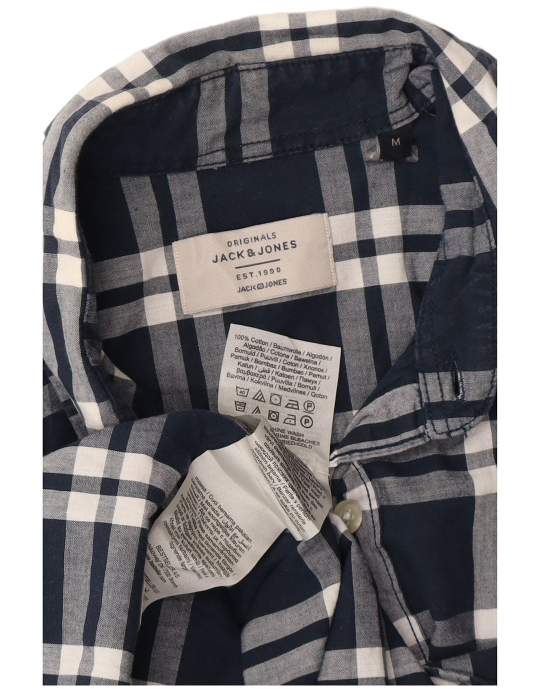 Camisa masculina de manga curta Jack & Jones de algodão xadrez azul marinho médio