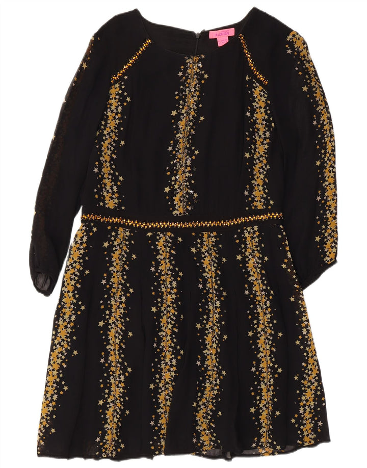 Vestido feminino MONSOON com padrão abstrato manga 3/4 linha A Reino Unido 12 médio preto